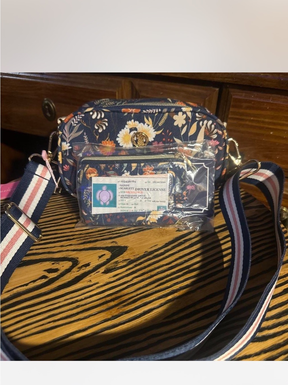 Simply Southern Navy Floral Crossbody with Striped Strap & ID & Card holder